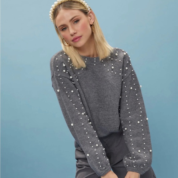 From Vici - Claudette Pearl Embellished Knit Sweater, Grey - Picture 2 of 3